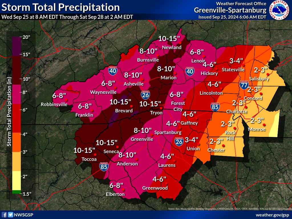 graphic showing anticipated precipitation from Tropical Storm Helene